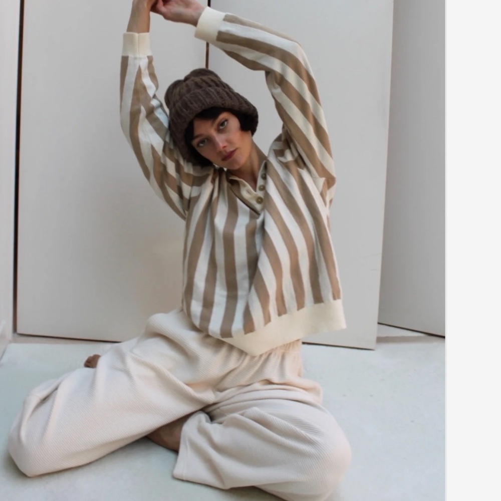 NWT Cal Pima Cotton Henley in Cream and Latte Stripe - Picture 4 of 8